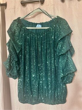 CeCe Emerald Green Sequin Ruffle Sleeve Blouse